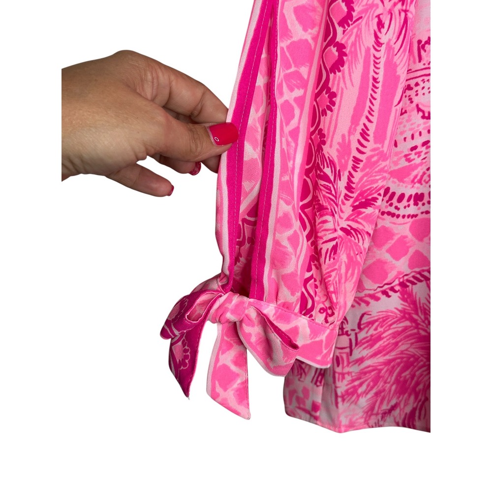 Lilly Pulitzer Blouse XS Pink Tropical Palm Tree Tie V-Neck Resort Top Pamela - Picture 5 of 9